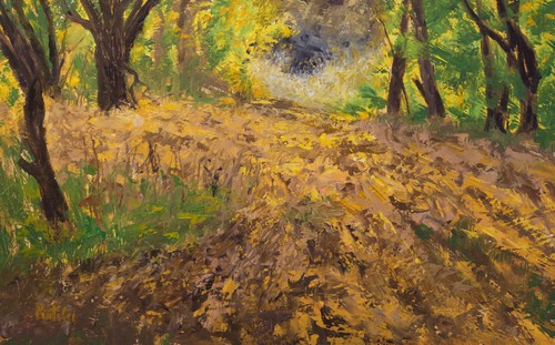 Golden leaves autumn landscape painting