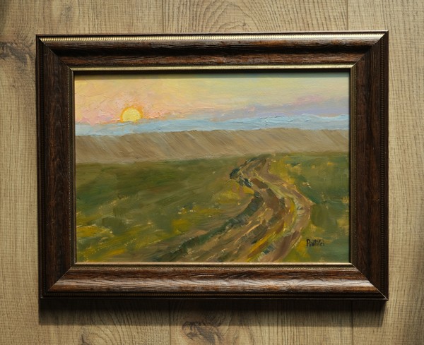 Sunset landscape painting framed