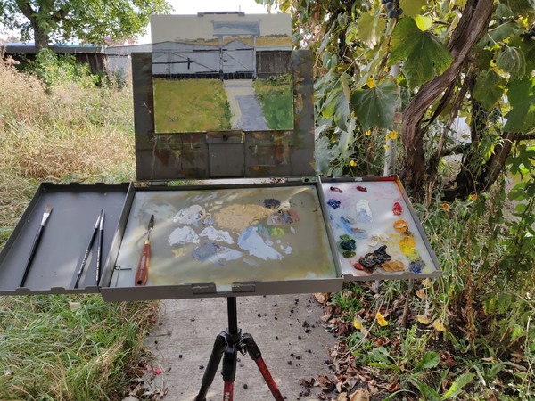 Traditional romanian gate landscape painting on easel