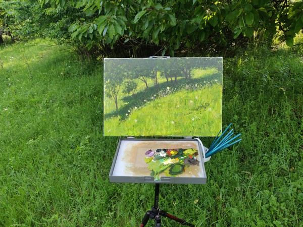 Flowers trees and grass landscape painting easel