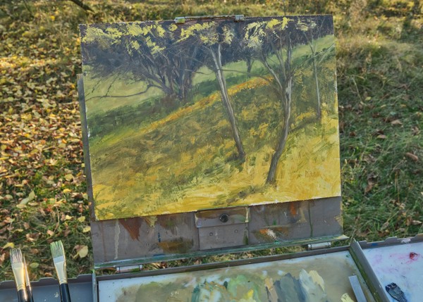 Autumn leaves trees landscape painting on easel