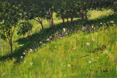 Flowers trees and grass landscape painting