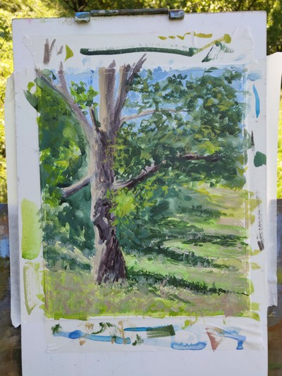 Tree and foliage landscape painting on easel
